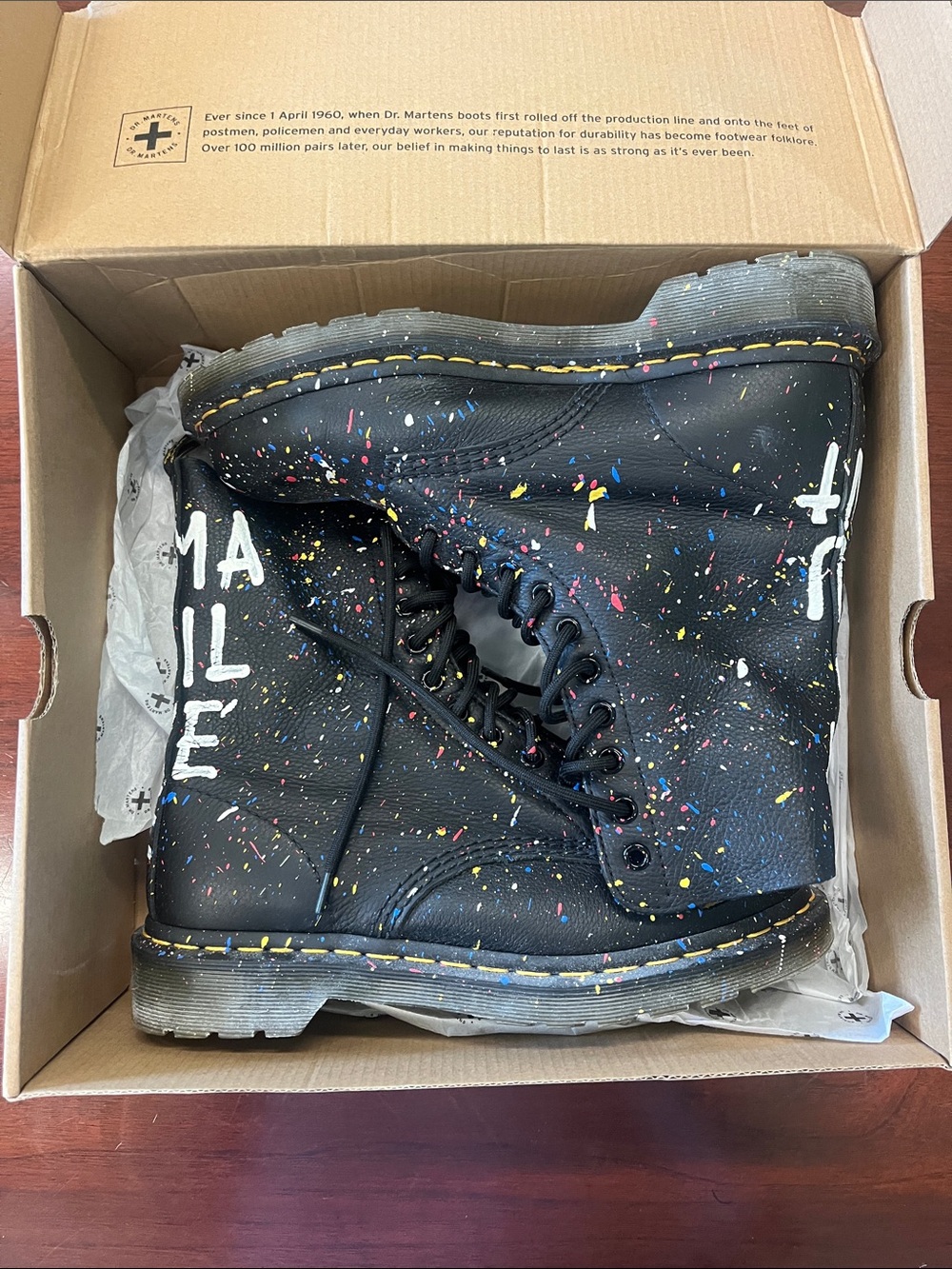 Dr. Martens Black Leather Paint-Splatter Lace-Up Boots - Picture 7 of 8